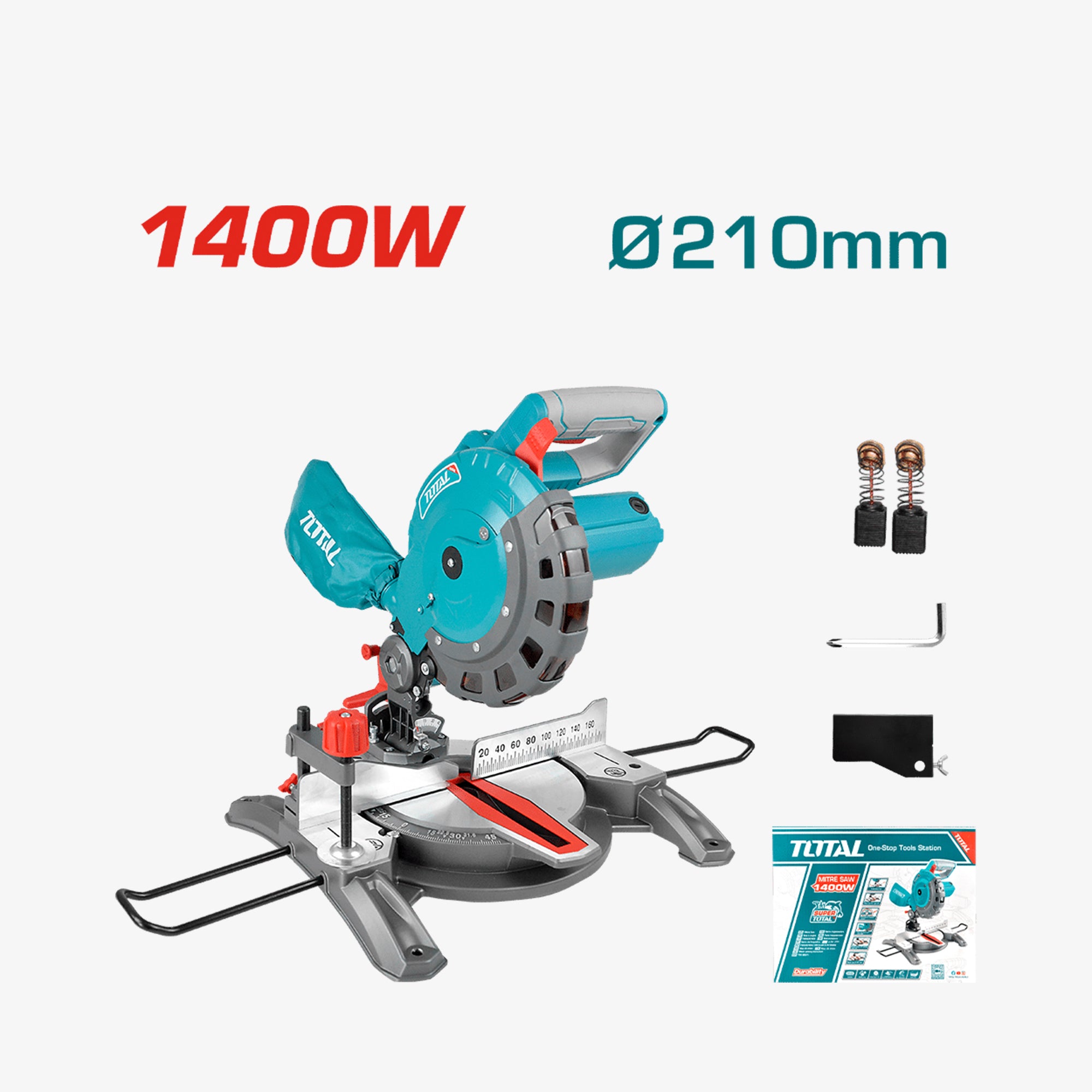 Circular saw with accessories on a white background, featuring '1400W' and '210mm' text.