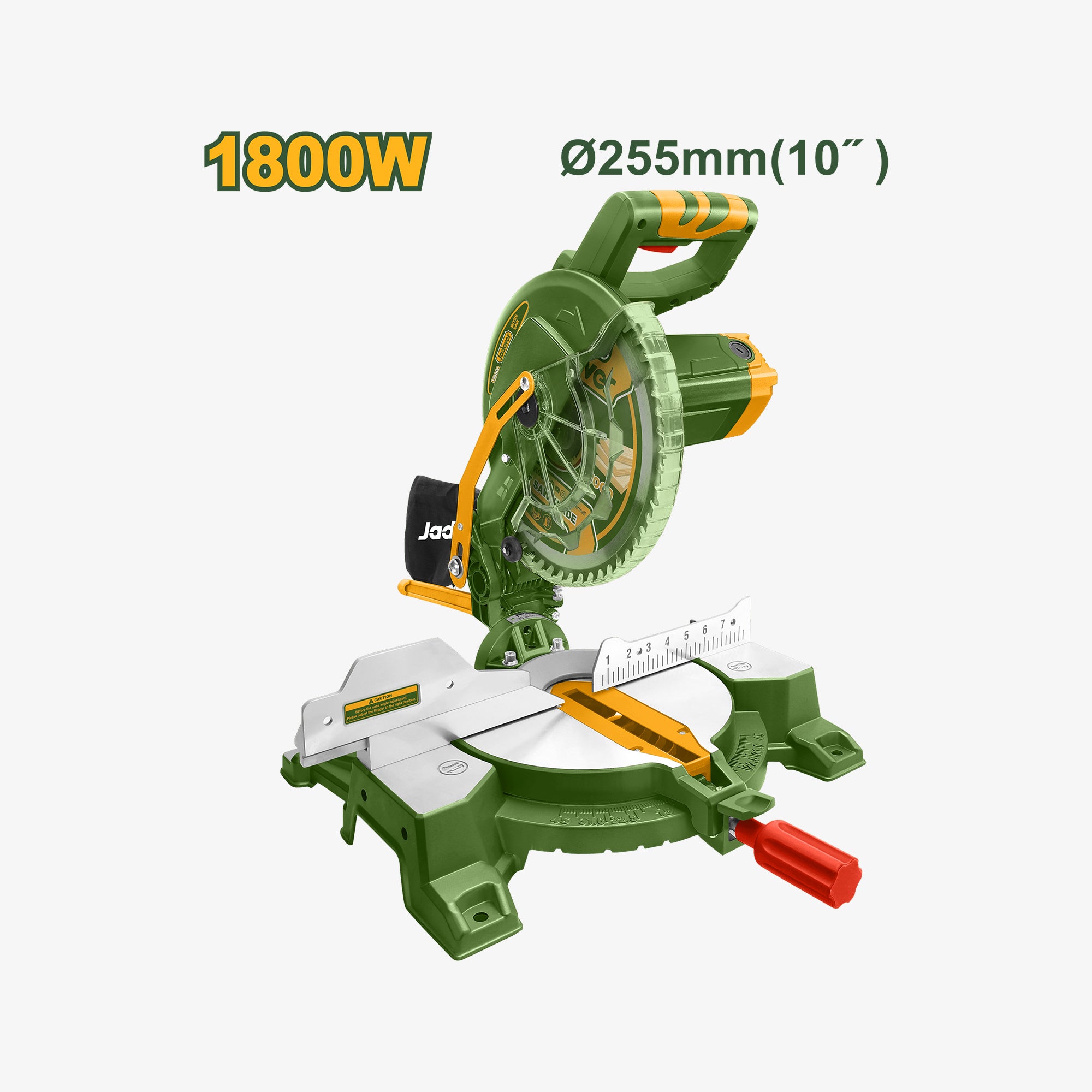 Green miter saw with 1800W power and 255mm diameter on a white background