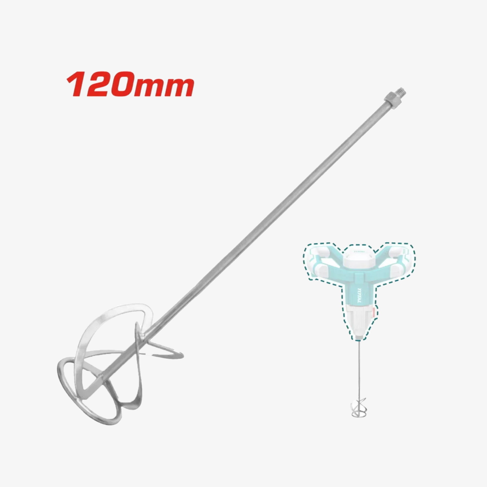 Handheld mixer attachment with '120mm' label on a white background