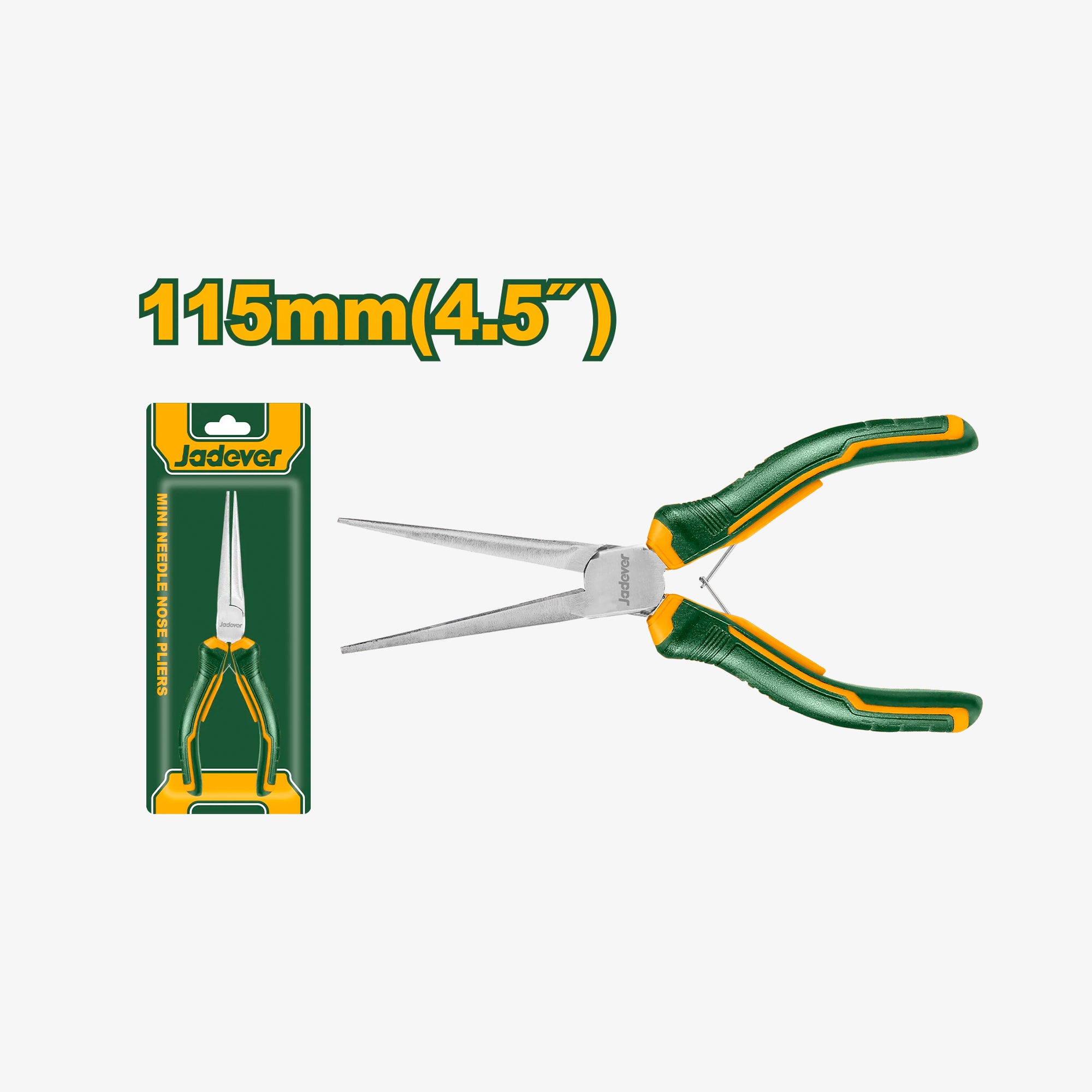 Pair of green-handled pliers with packaging labeled 'Jadever' on a white background.
