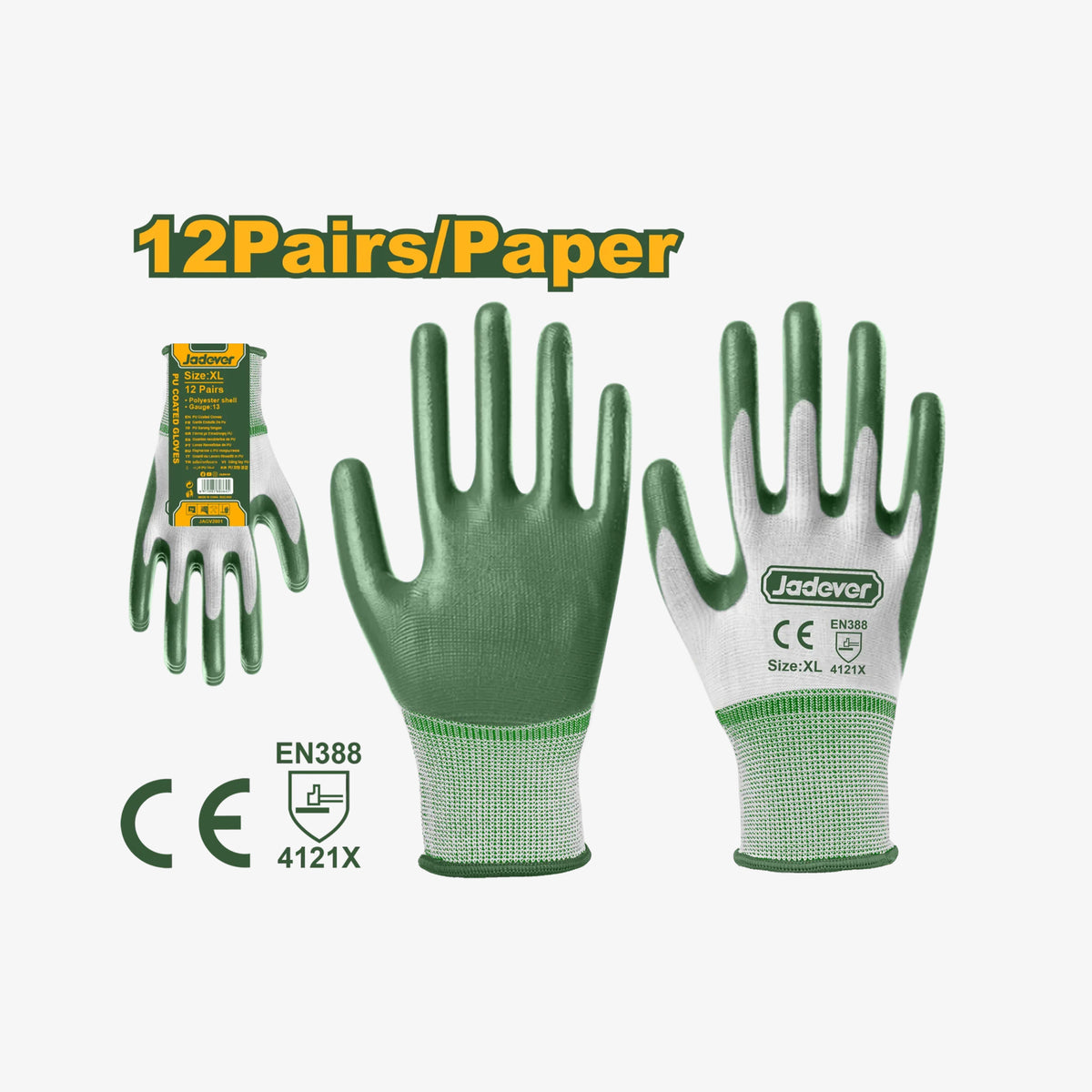 Green and white gloves with brand name on a white background