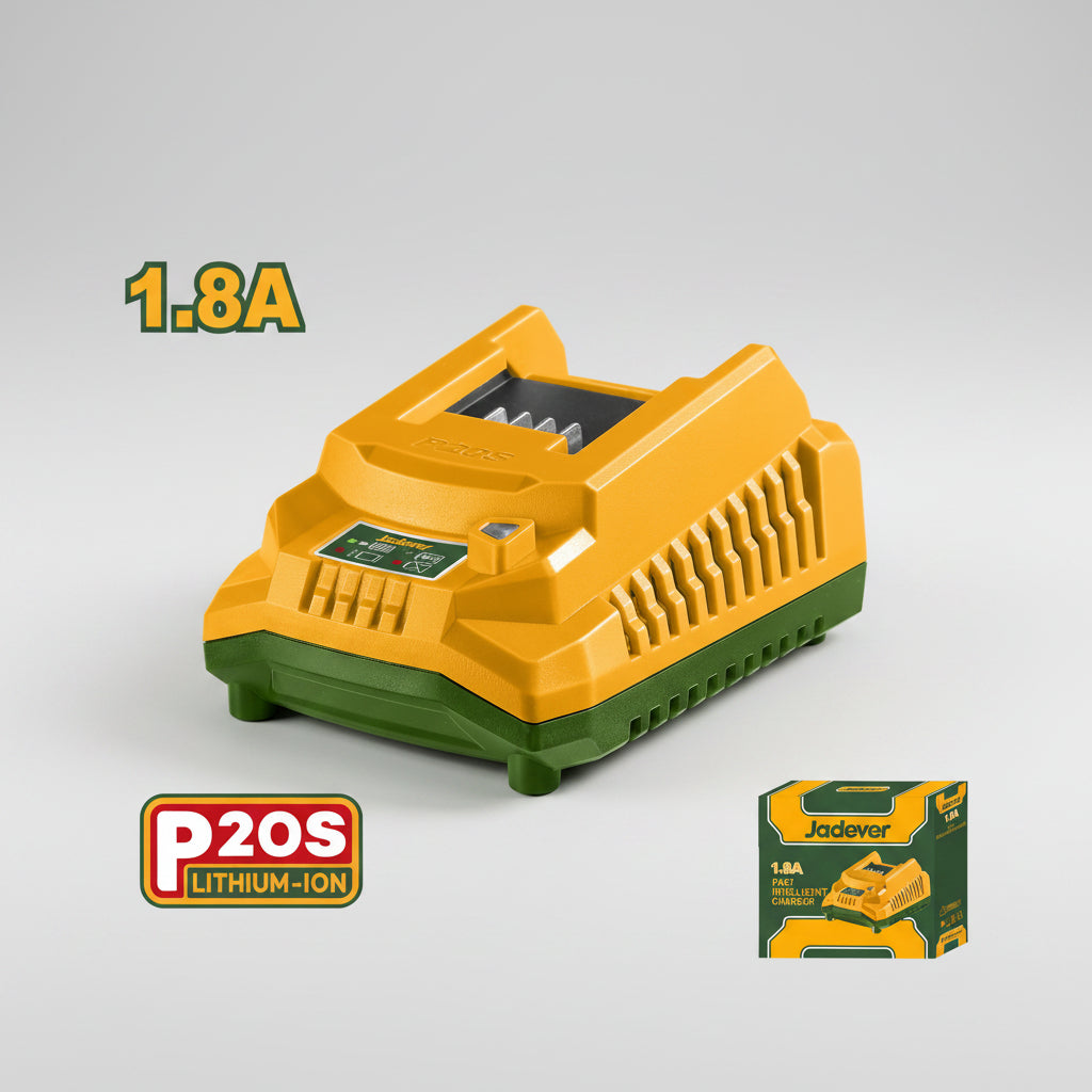 Yellow and green battery charger with 'P20S Lithium-Ion' branding on a white background.