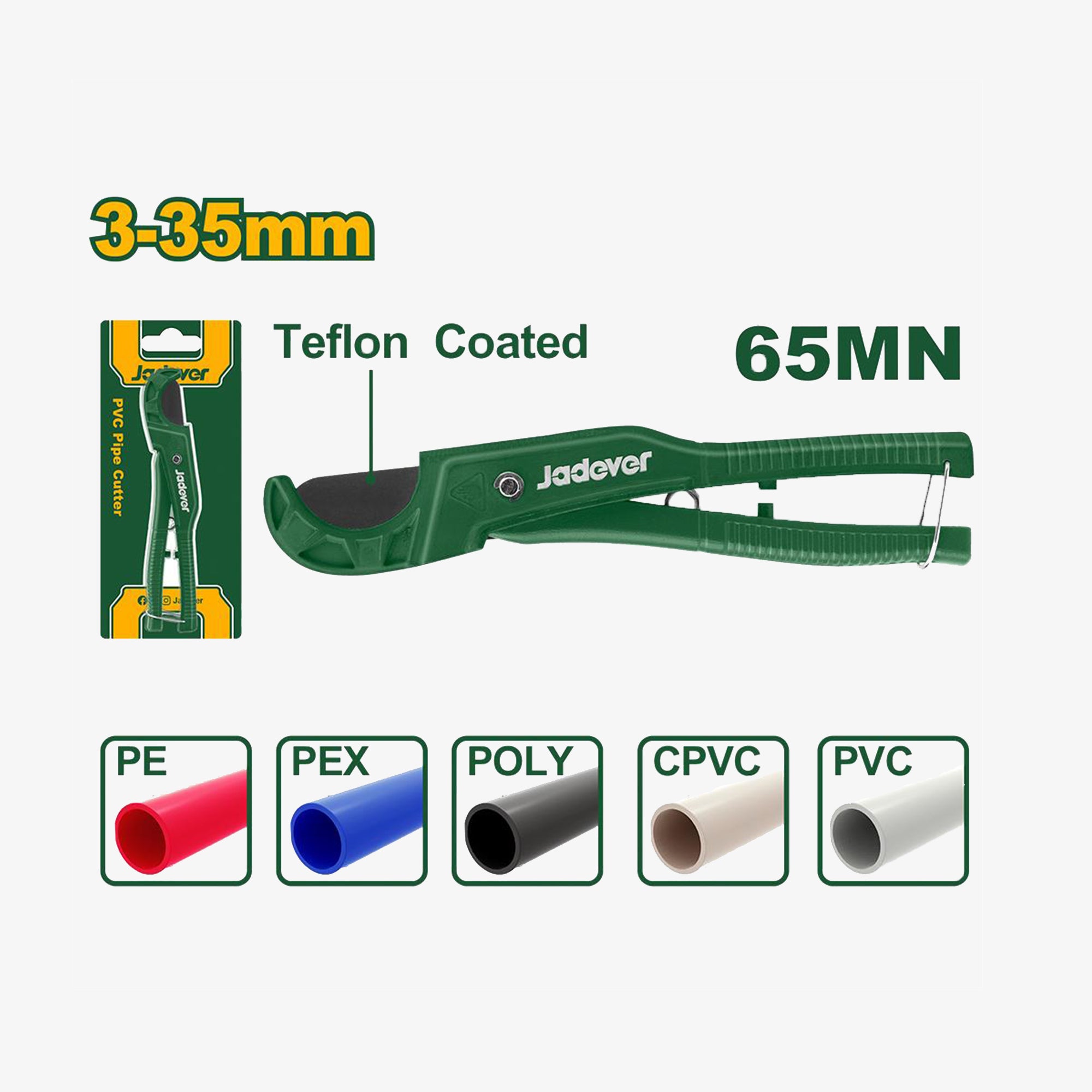 Green pipe cutter with packaging and compatibility chart on a white background