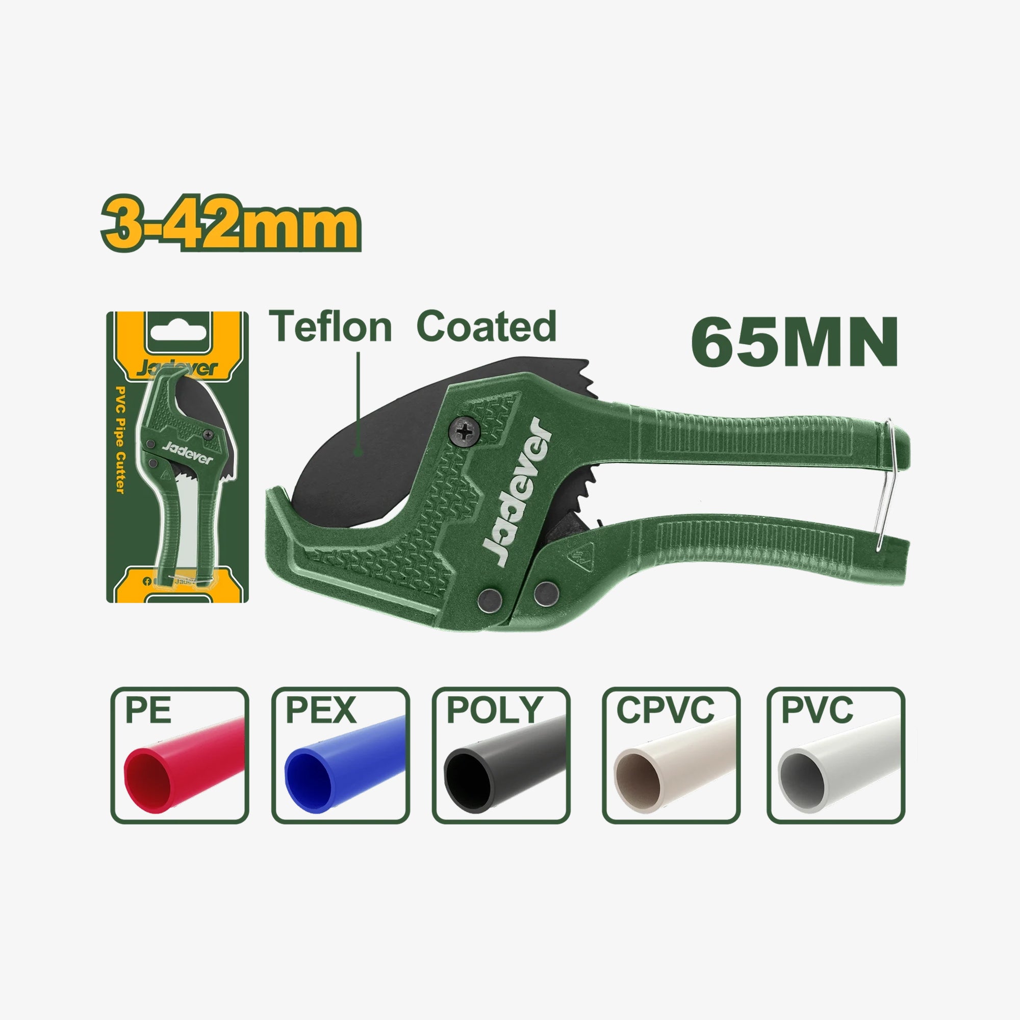 Green pipe cutter with packaging and compatibility chart on a white background