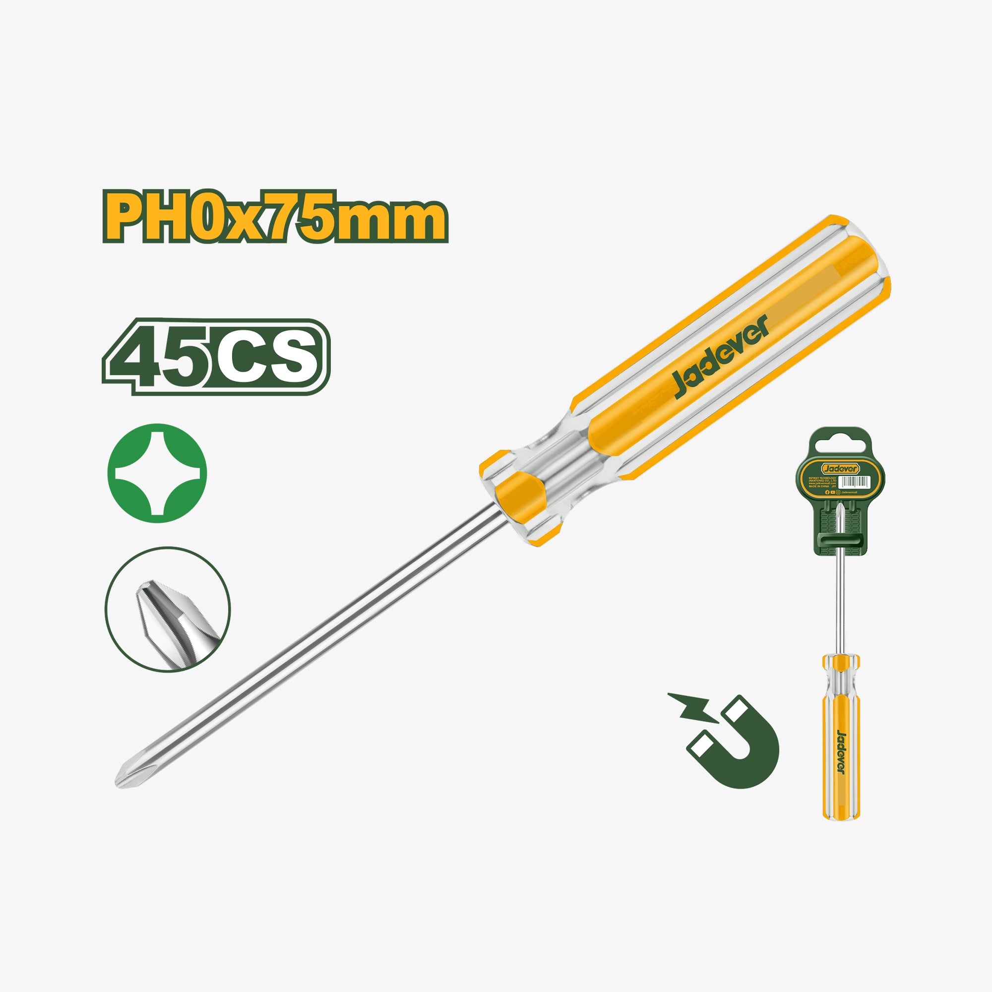 Screwdriver with specifications and brand name on a white background