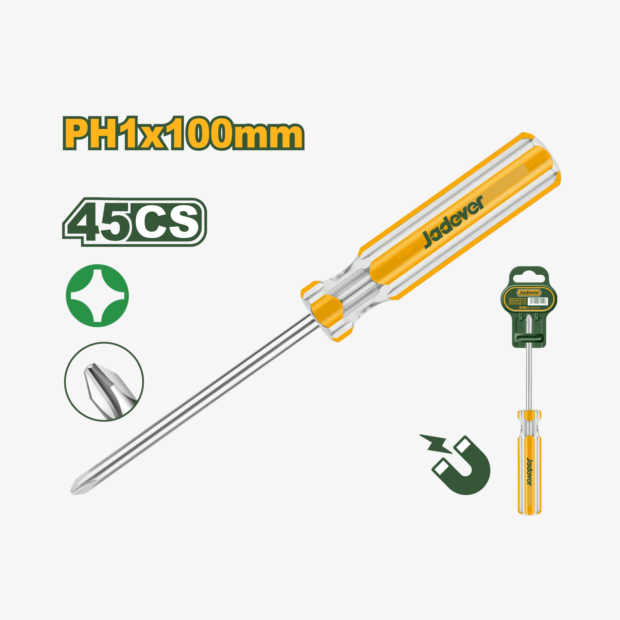 Screwdriver with yellow handle and silver shaft on a white background, featuring Jedevo branding.