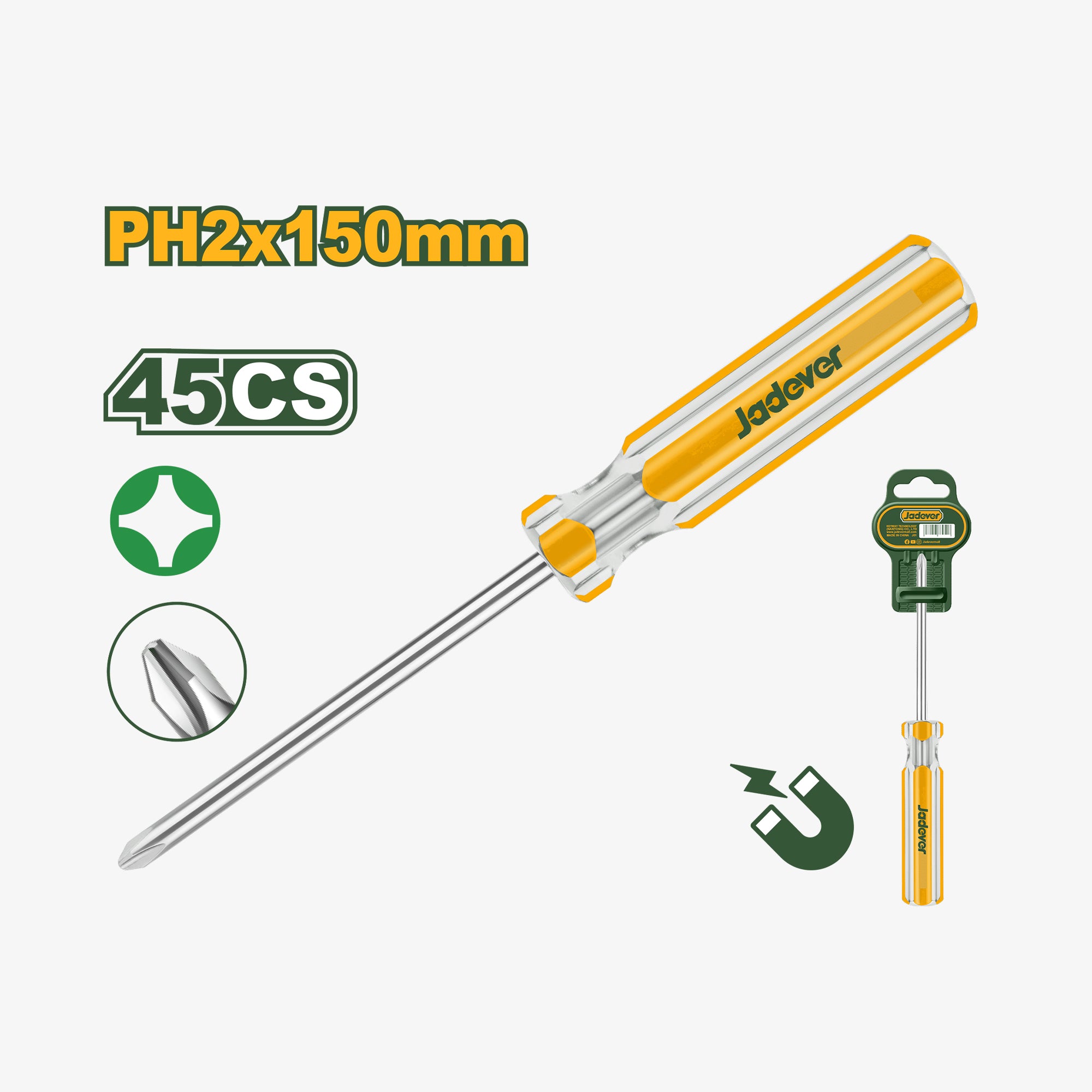 Screwdriver with specifications and Jadever branding on a white background