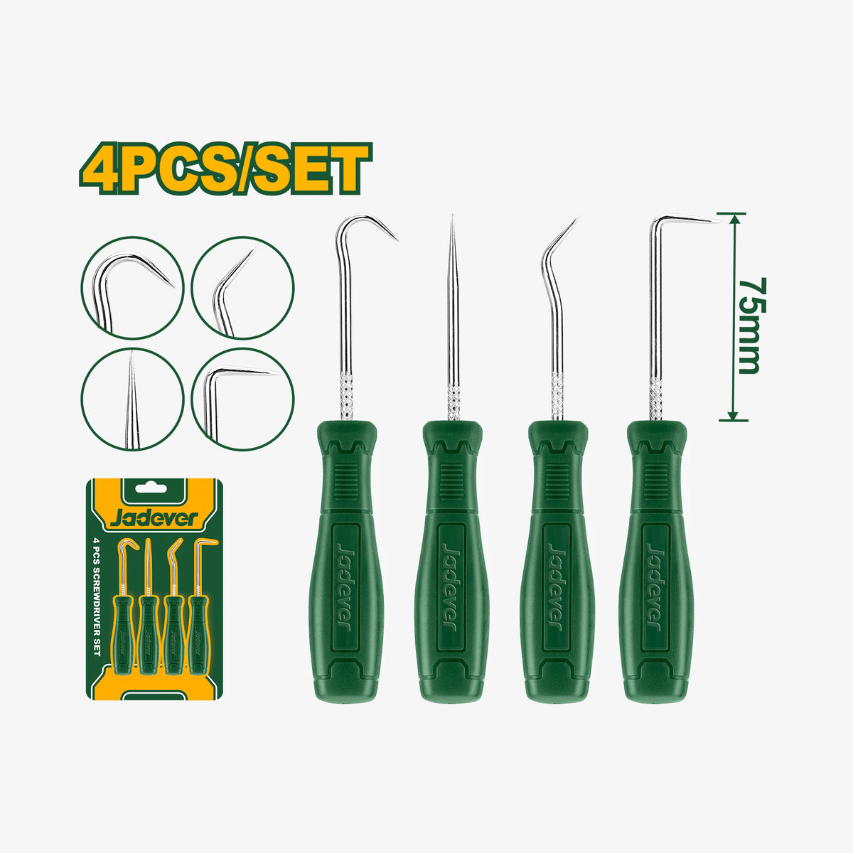 Set of four green tools with handles, packaging, and measurements on a white background