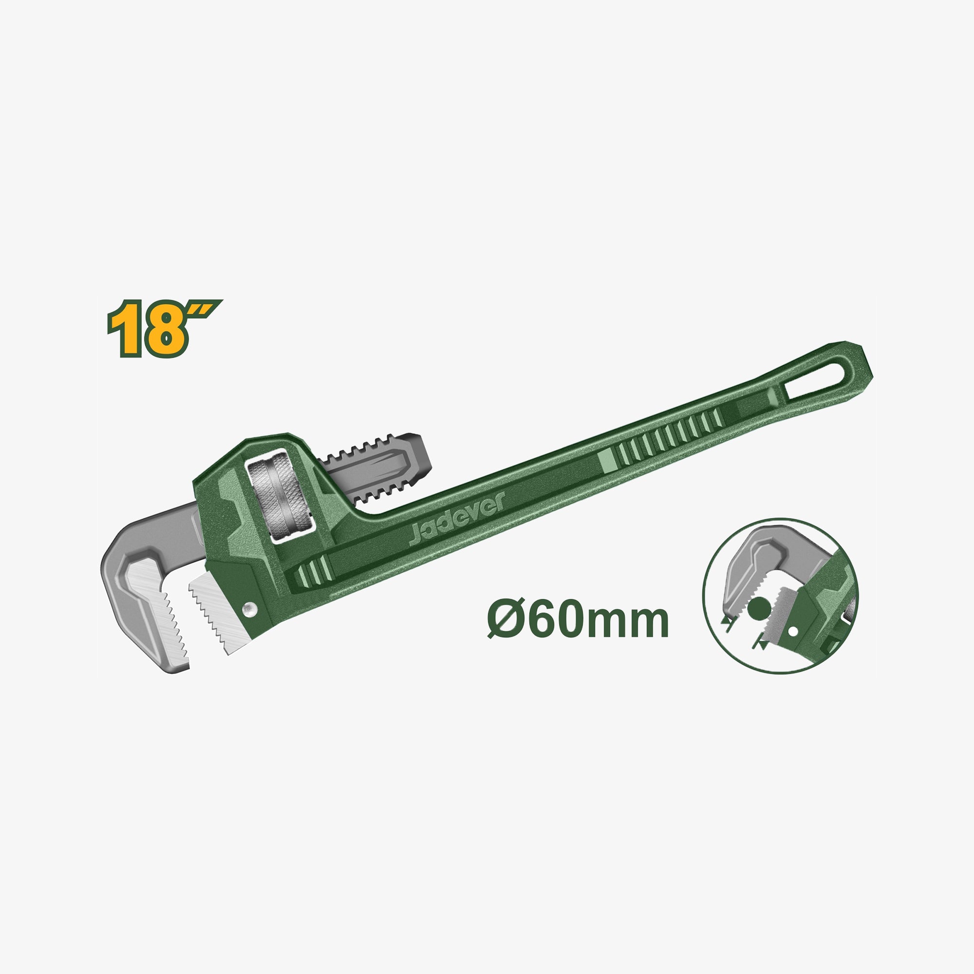 Green pipe wrench with measurements on a white background