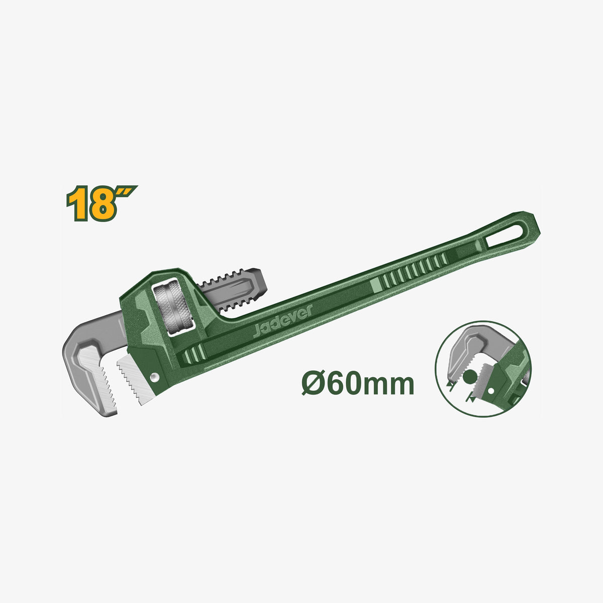Green pipe wrench with measurements on a white background