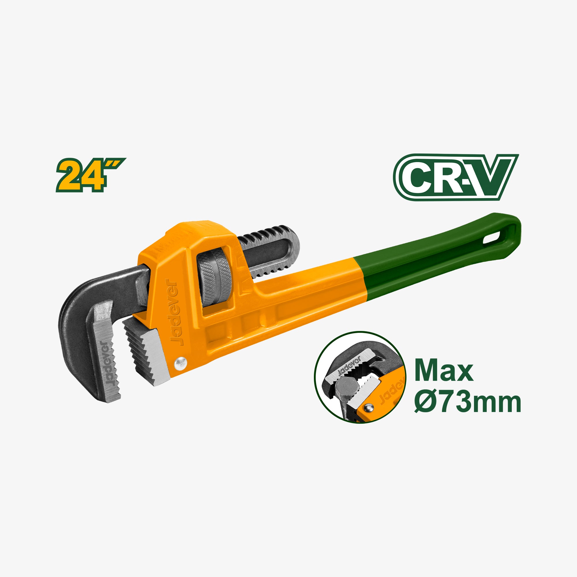 Pipe wrench with orange and green handles on a white background, featuring the CRV logo.