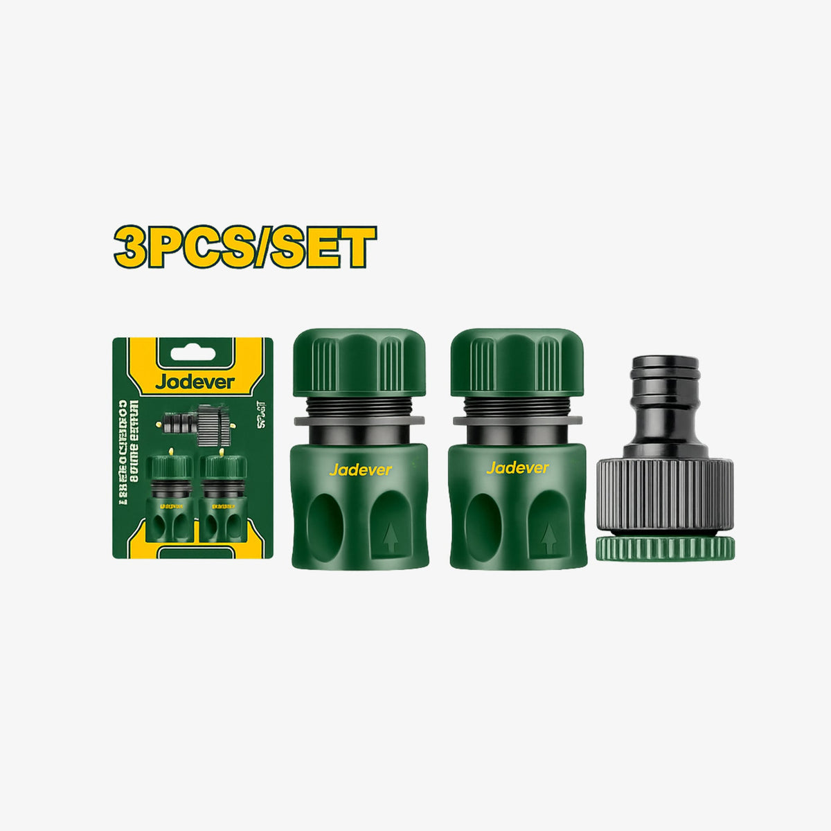 Jadever garden hose connector set with packaging on a white background