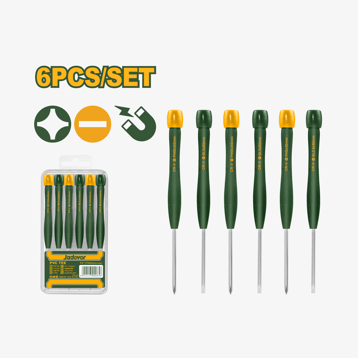 Set of six green screwdrivers with yellow accents on a white background, including packaging.