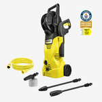 Yellow and black pressure washer with accessories on a white background, featuring Karcher branding.