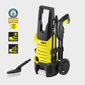 Yellow and black pressure washer with attachments on a white background, featuring Karcher branding and Guinness World Records certification.