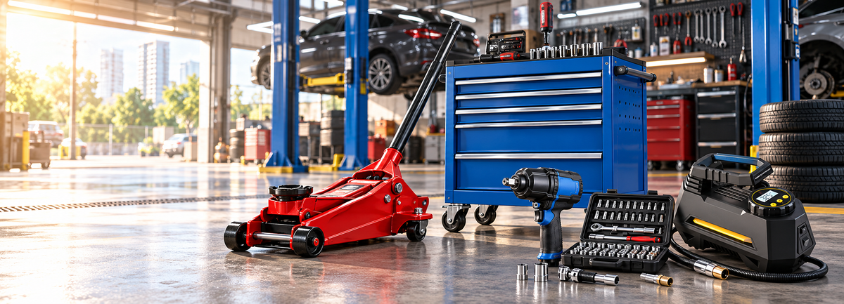A set of automotive workshop tools including a red floor jack, a blue tool chest, a black air compressor, and a socket wrench with sockets, arranged in a bright, modern auto repair garage.