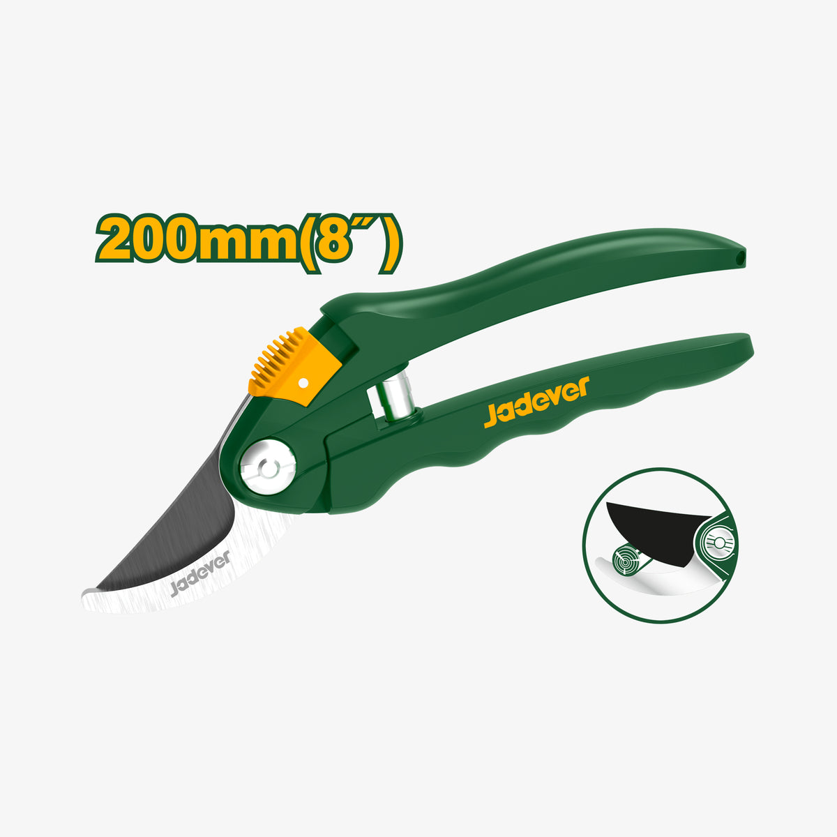 Green garden pruner with yellow accents and 'Jadever' branding on a white background.