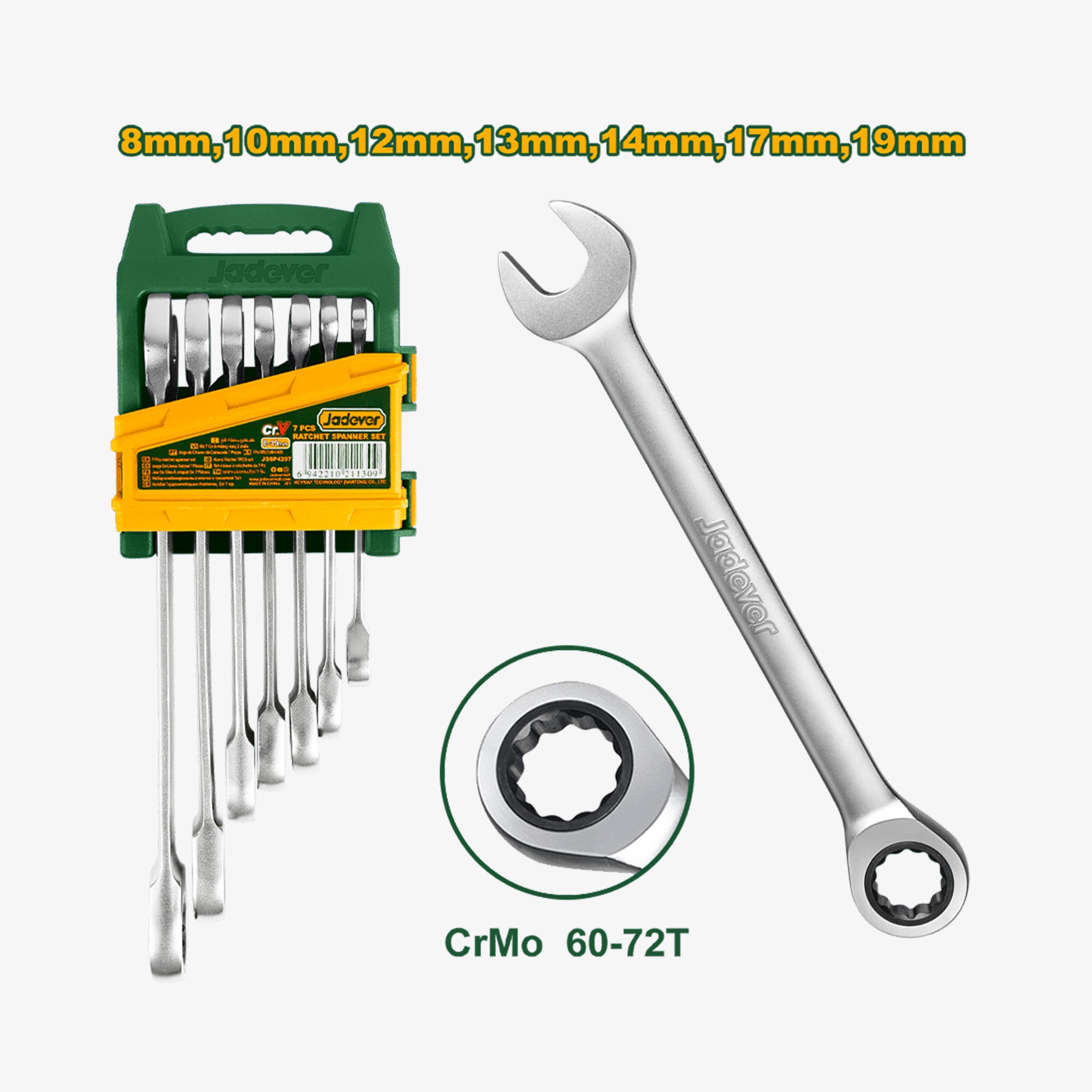 Set of ratcheting wrenches with packaging on a white background