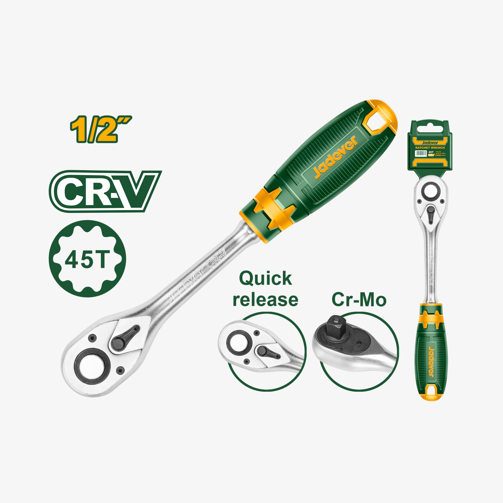 Green and yellow ratchet wrench with features highlighted on a white background