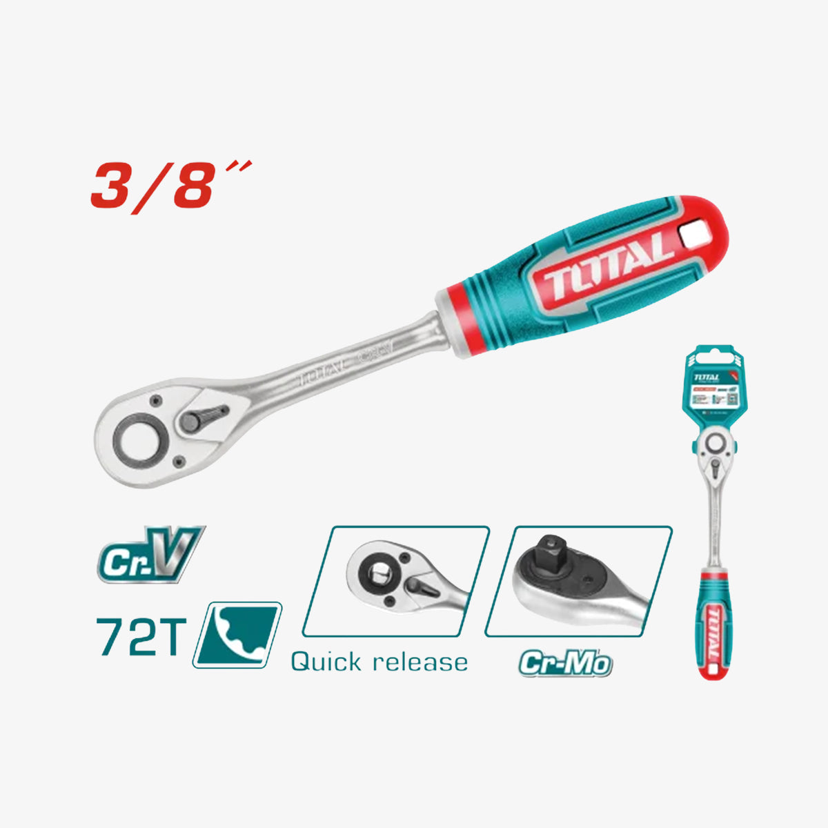 Total brand ratchet wrench with features highlighted on a white background