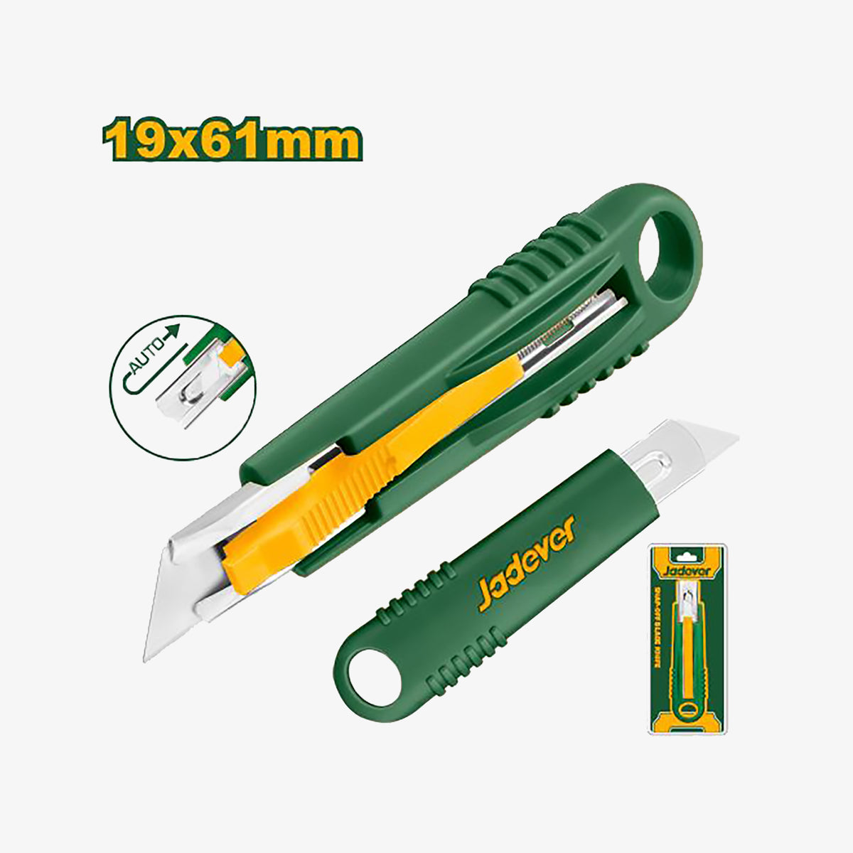 Green and yellow utility knife with a blade on a white background, featuring the brand 'Jadever'.