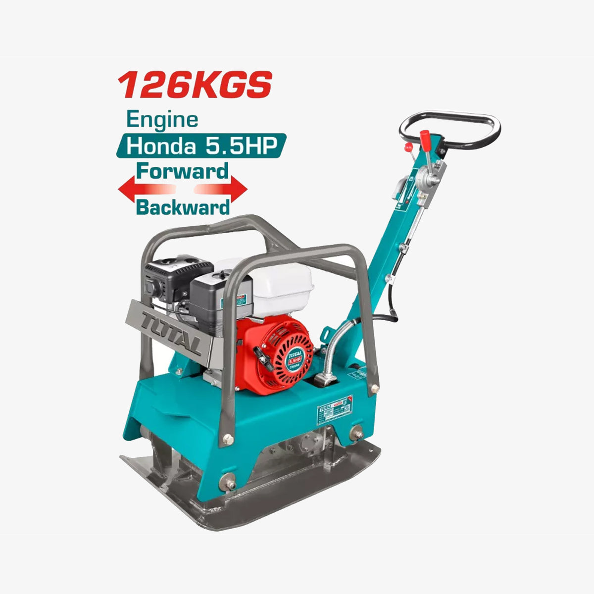Turquoise power tool with red engine and branding on a white background