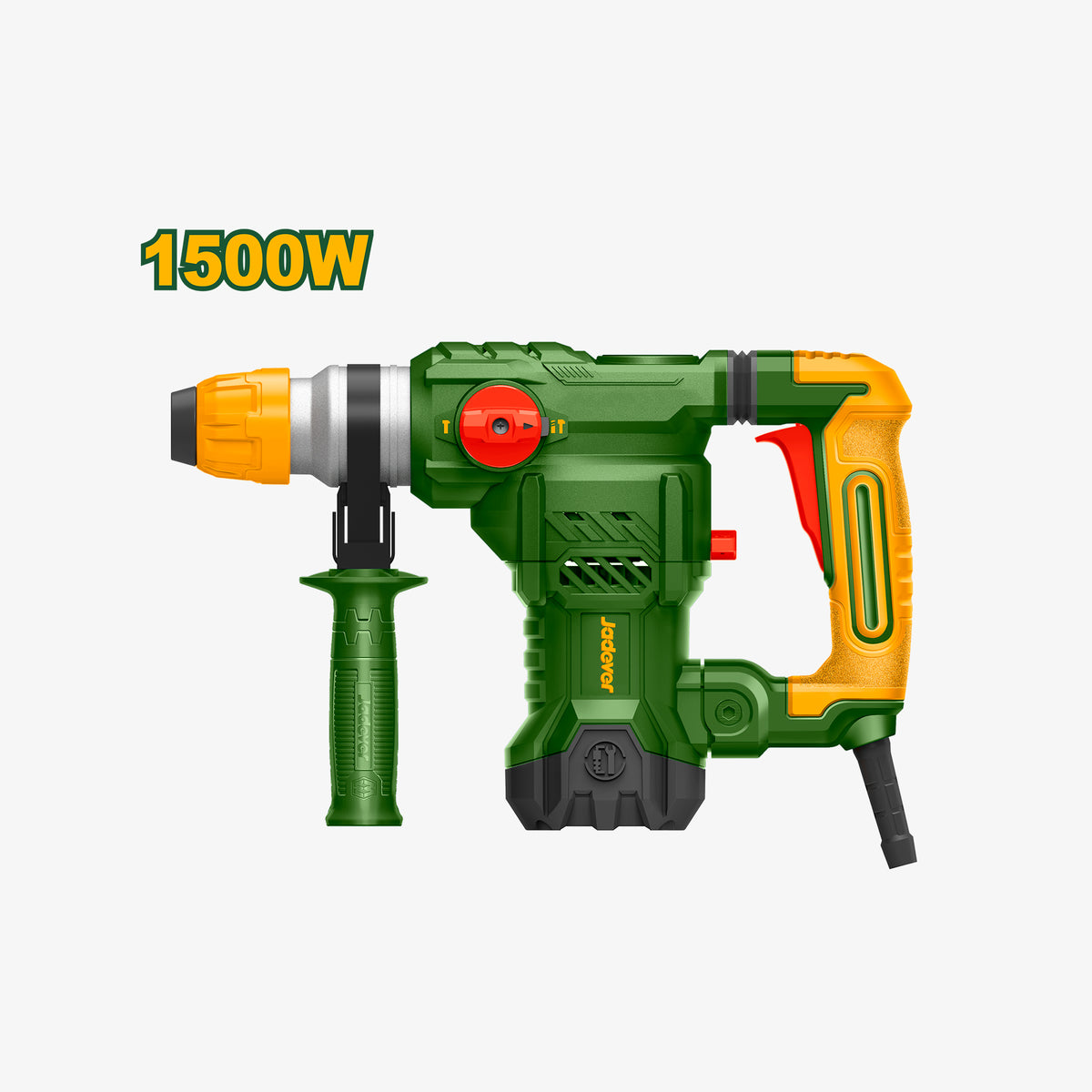 Green and orange electric drill with '1500W' label on a white background