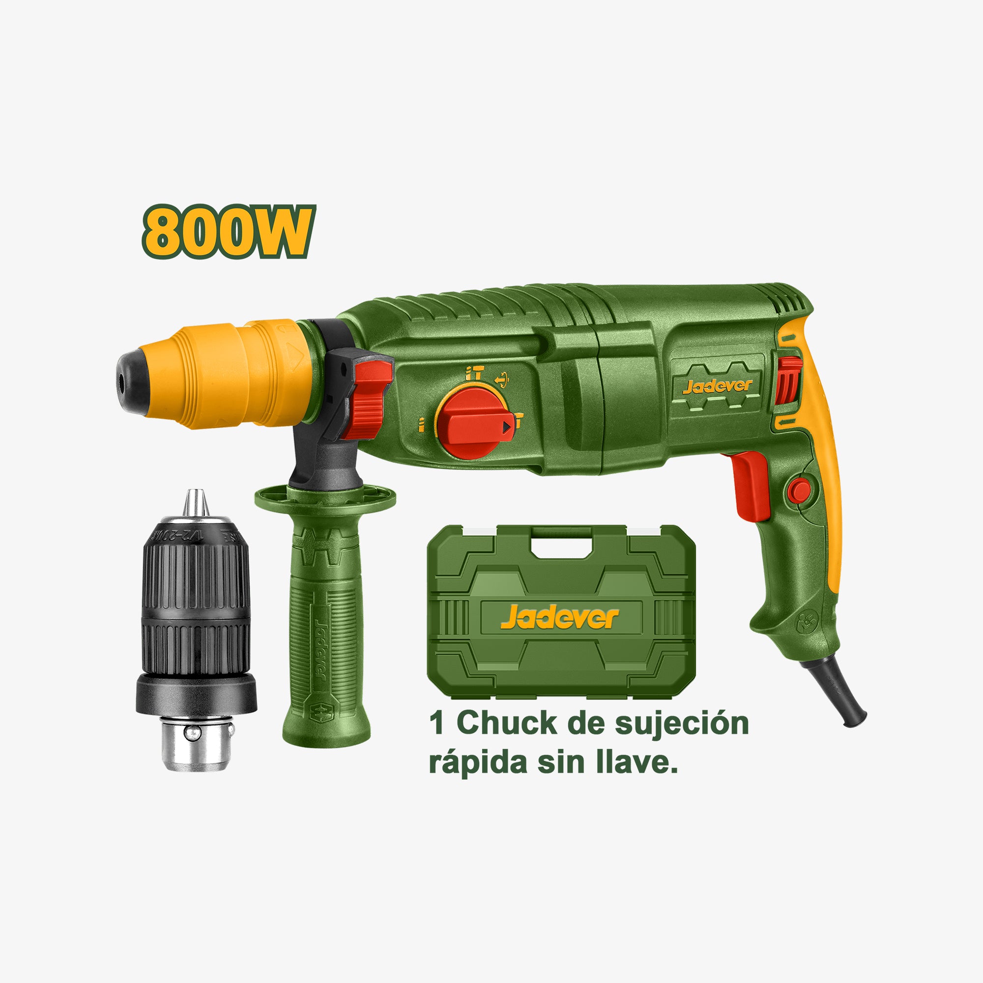 Green and orange drill with accessories on a white background, featuring the brand 'Jadever'.