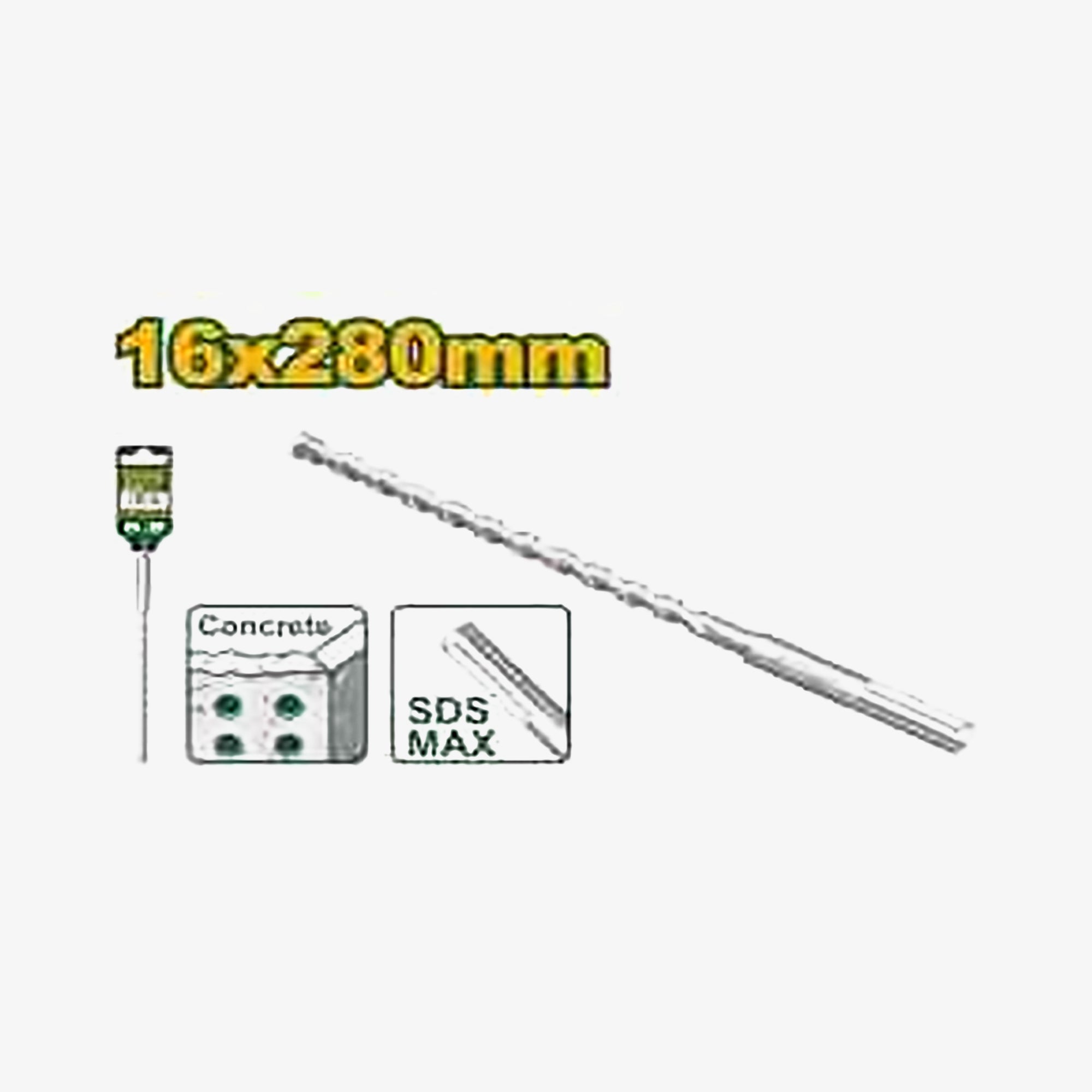 Drill bit with dimensions 16x280mm on a white background