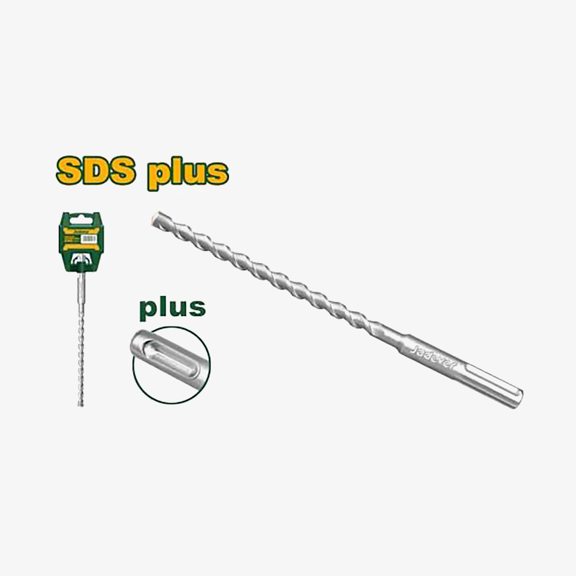 Drill bit with packaging labeled 'SDS plus' on a white background