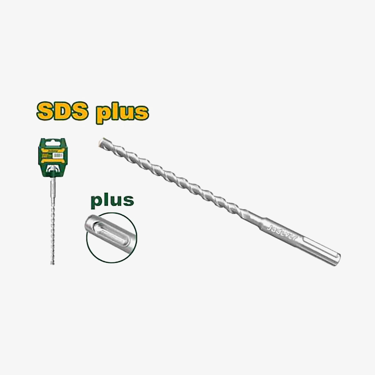 Drill bit with packaging labeled 'SDS plus' on a white background