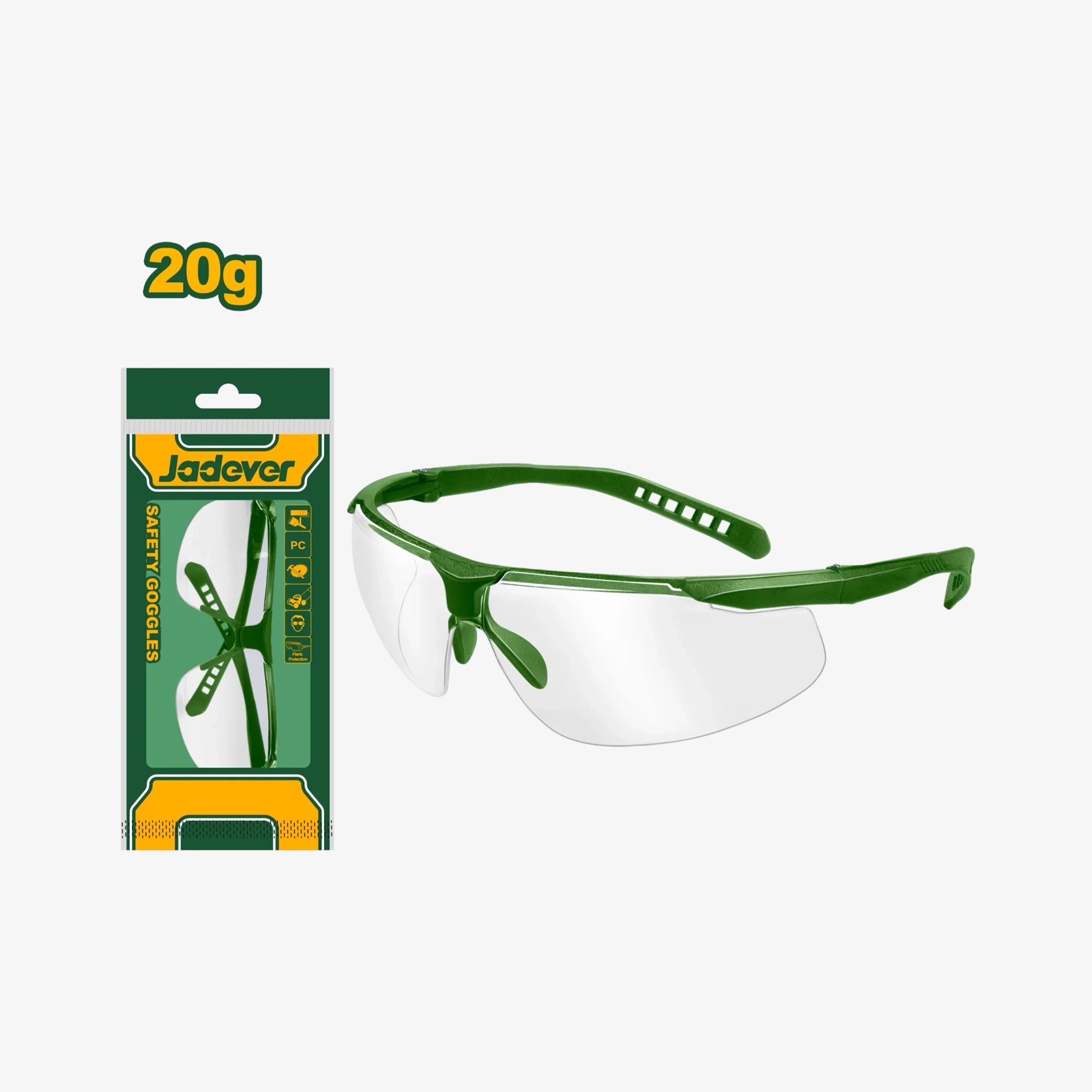 Green safety goggles with packaging on a white background
