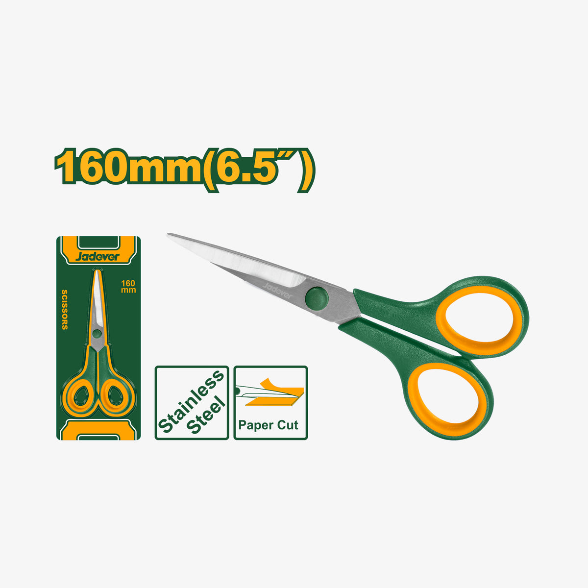 Green and orange scissors with packaging on a white background