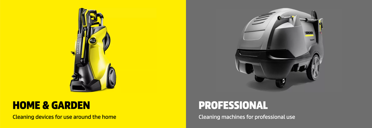 A split promotional graphic showing two Kärcher cleaning devices: a yellow and black high-pressure washer labeled 'HOME & GARDEN' on a bright yellow background, and a gray and black professional floor cleaner labeled 'PROFESSIONAL' on a dark gray background.