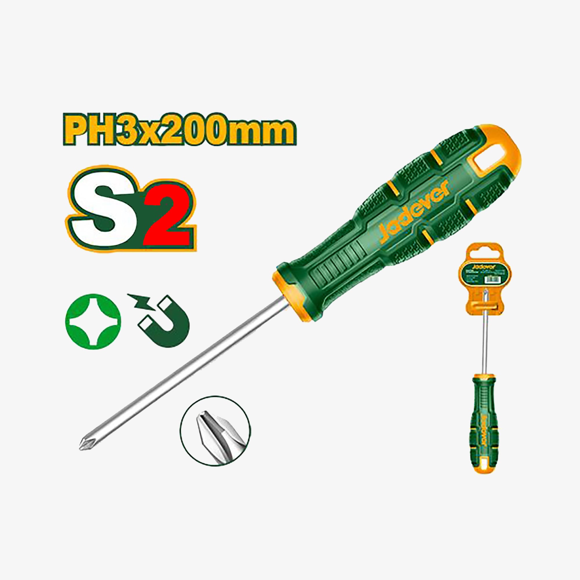 Green screwdriver with specifications on a white background