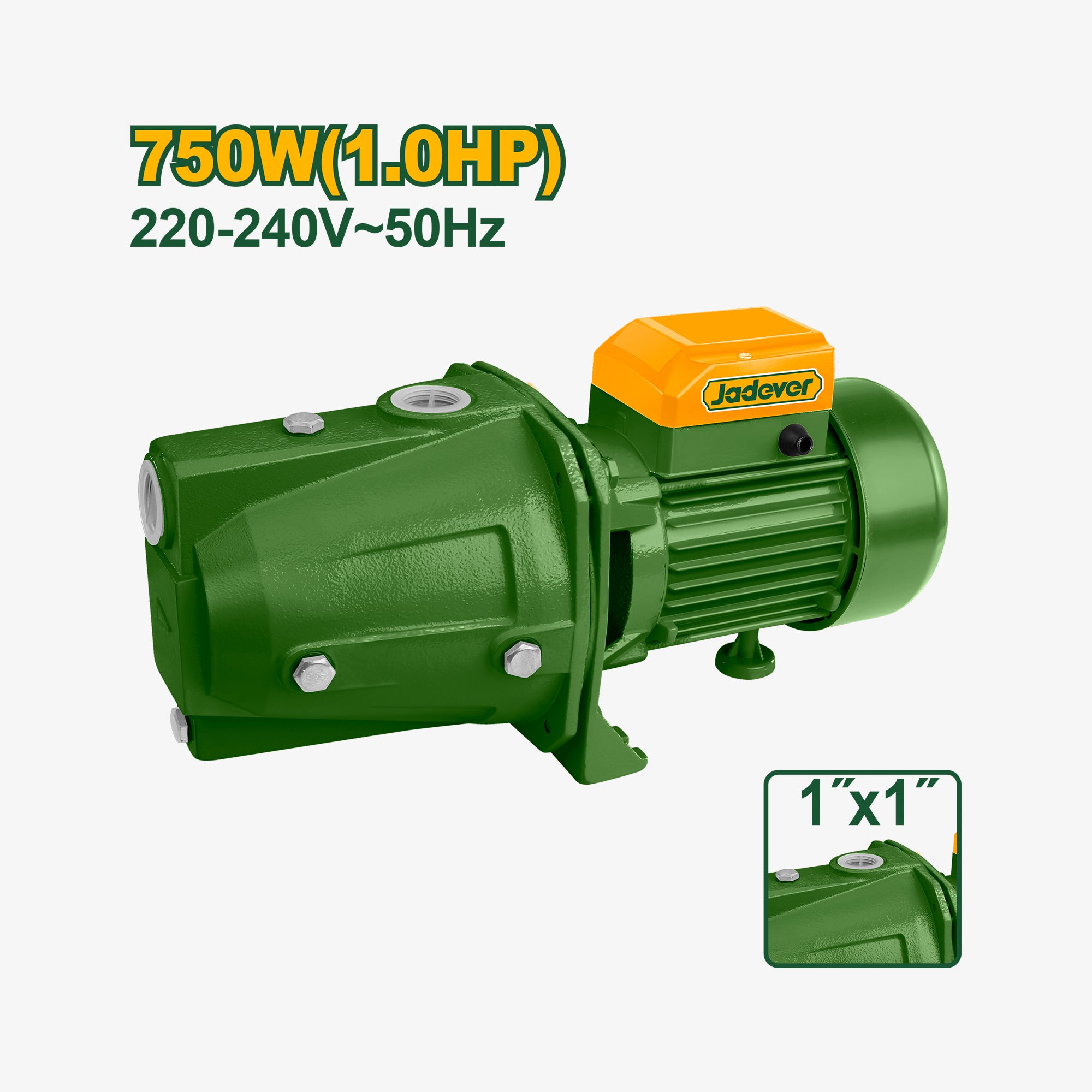 Green pump with orange top labeled 'Jadover' on a white background
