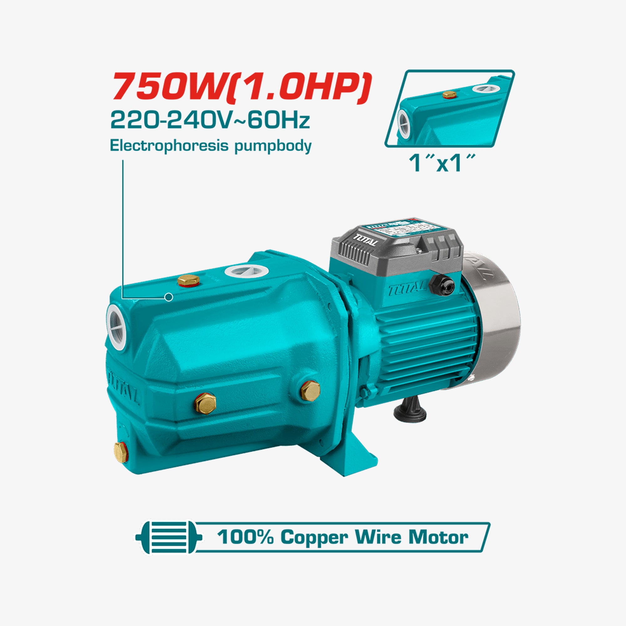 Teal pump with technical specifications on a white background