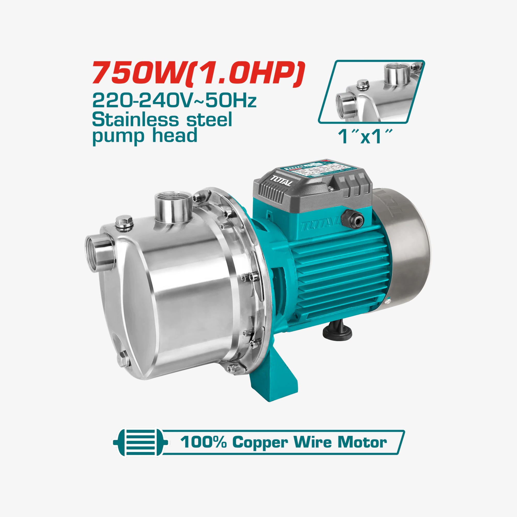 Stainless steel pump head with turquoise motor on a white background