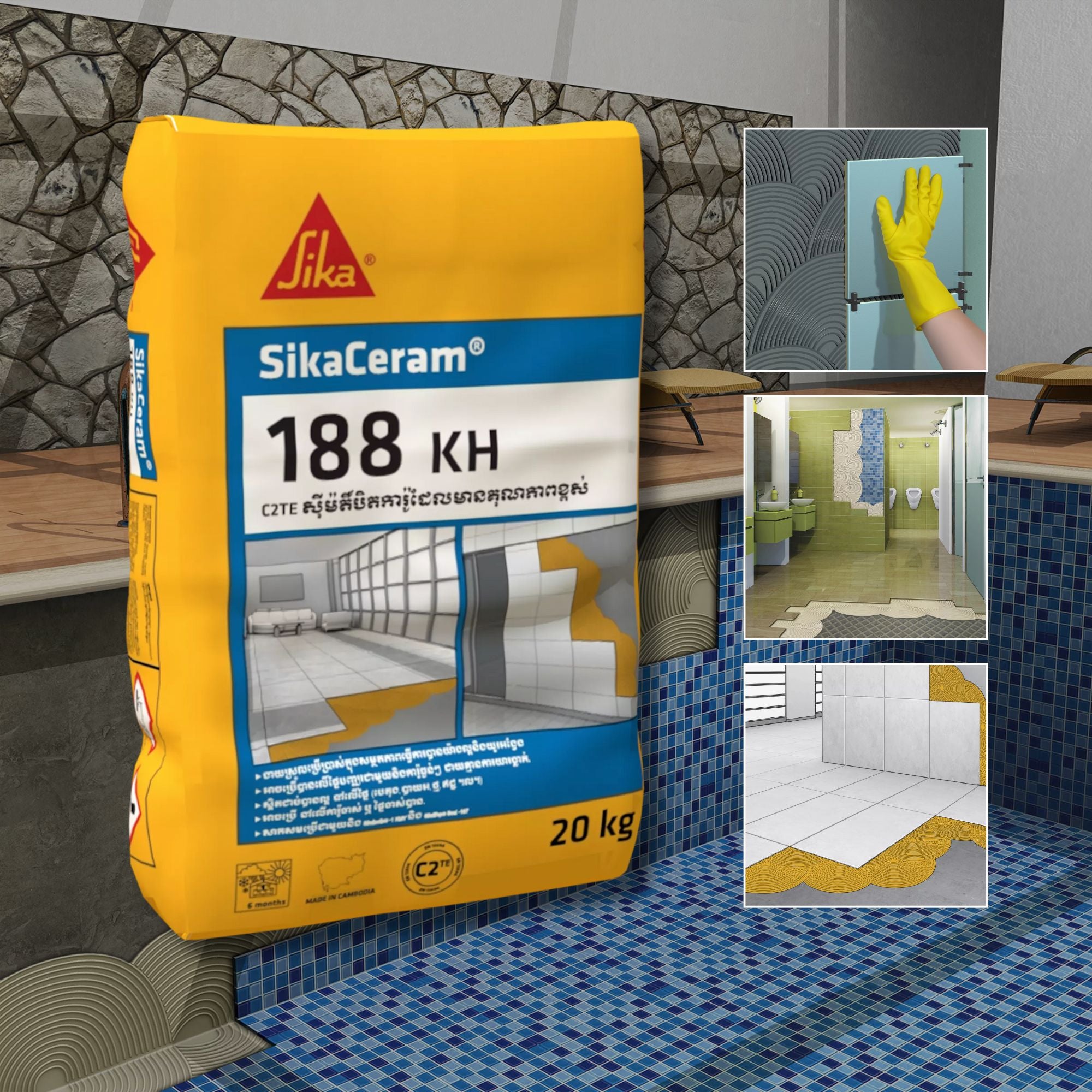 SikaCeram 188 KH packaging with application images on a tiled floor background