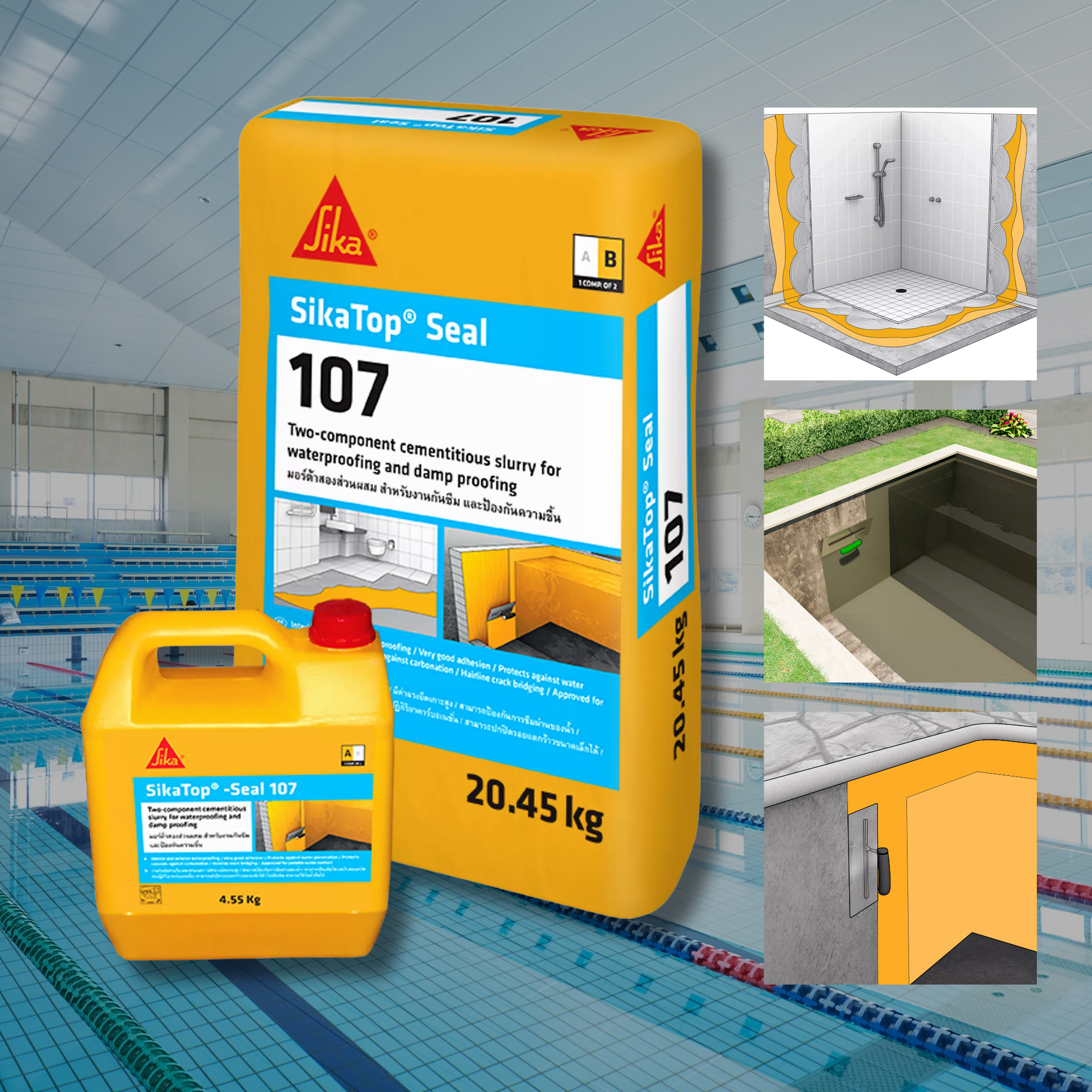 Sika SikaTop Seal 107 packaging with application examples on a pool background