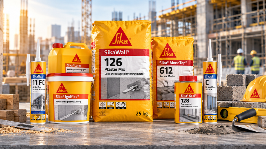 A lineup of SikaWall construction materials including plaster mix, mortar, and adhesive compounds, displayed on a construction site with a blurred background of building frames and workers.