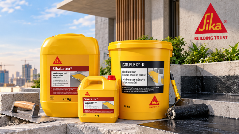 Three yellow plastic containers of Jifa Goflex-R construction adhesive are displayed on a rooftop terrace with a city skyline in the background. The containers feature red and black labels, and the Jifa logo is visible on the upper right.