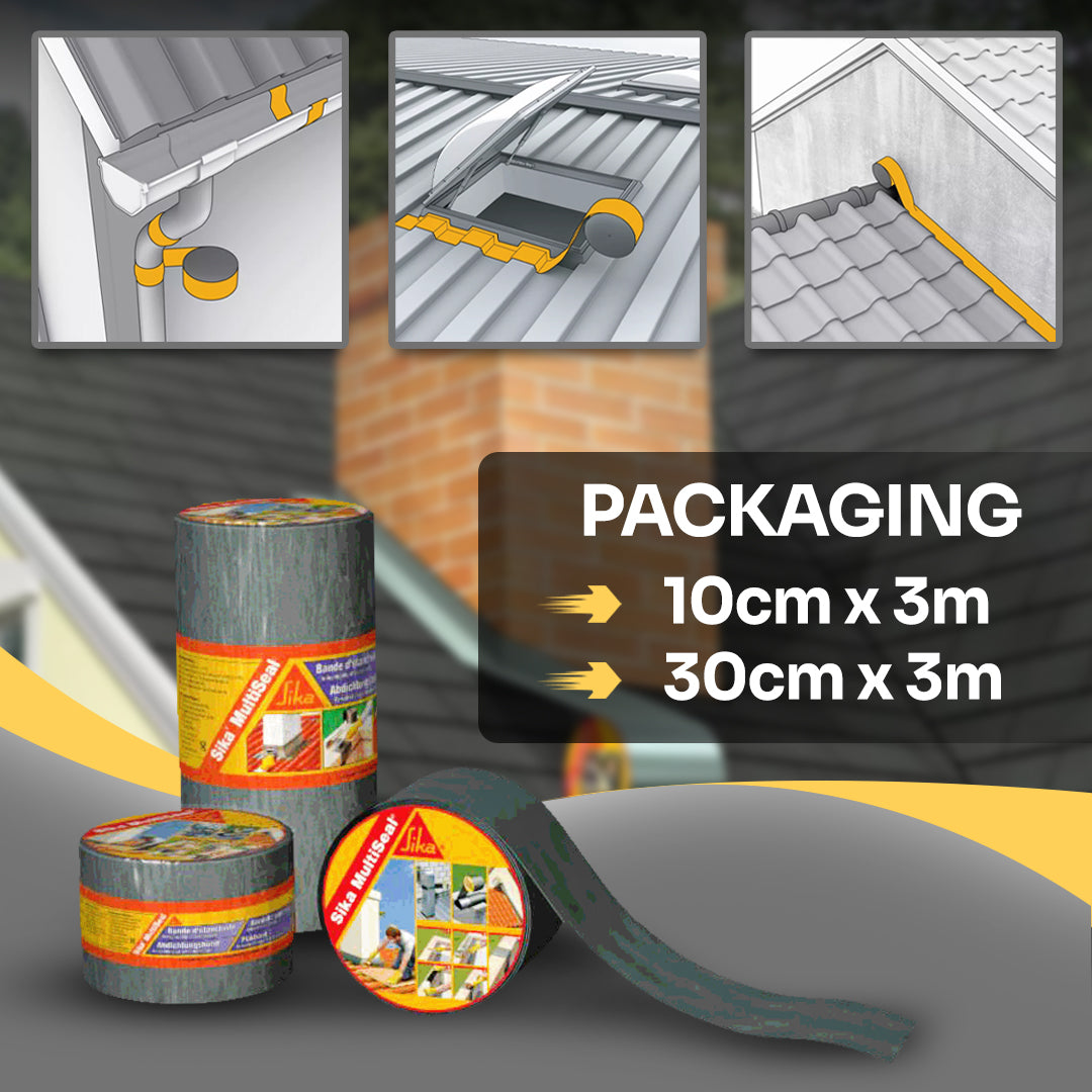 Roof repair tape packaging with roll and circular container on a blurred roof background.