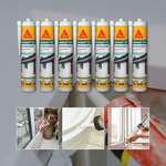 Multiple tubes of Sika construction sealant with application images on a gray background