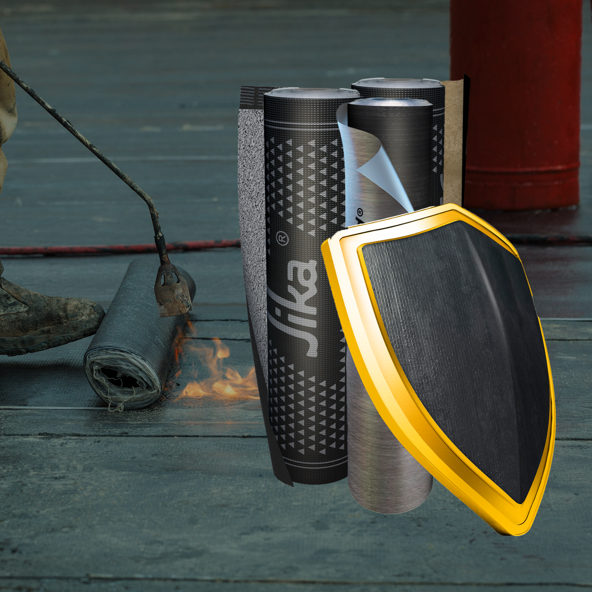 Sika rolls and a trowel on a construction site with a fire burning in the background.