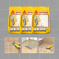 Three packages of tile grout on a tiled wall with application images below.