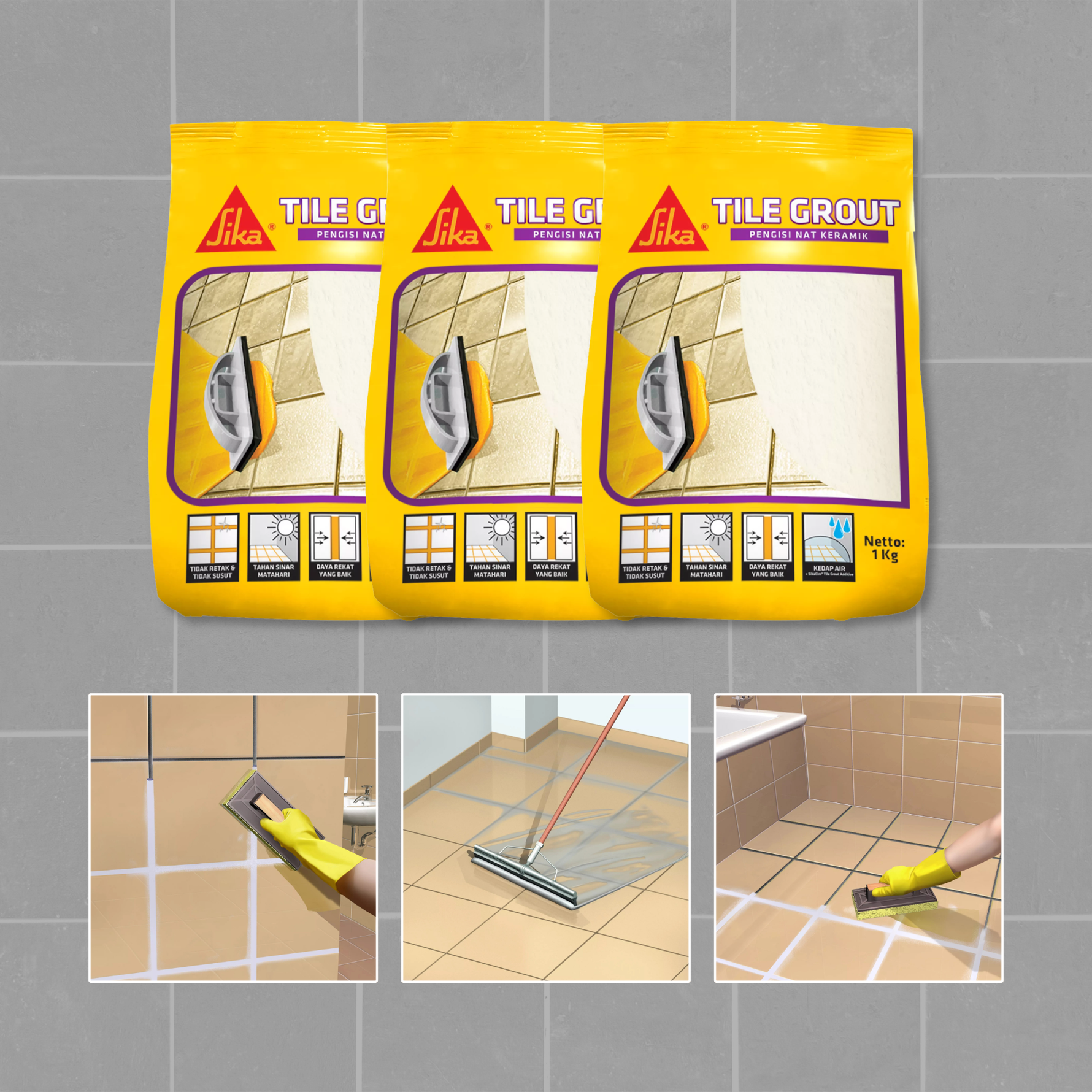 Three packages of tile grout on a tiled wall with application images below.
