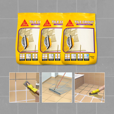 Three packages of tile grout on a tiled wall with application images below.