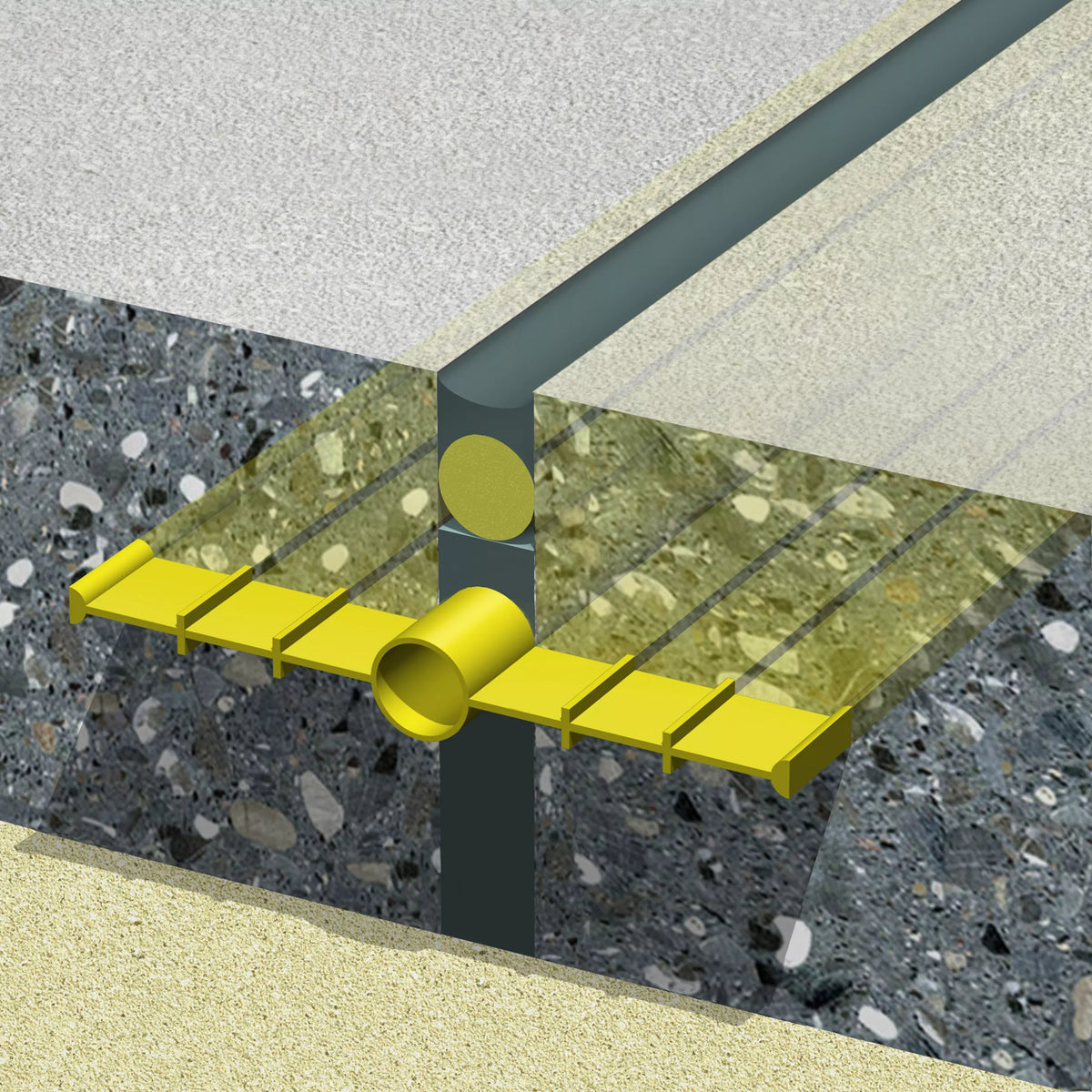 Illustration of a concrete floor with a yellow metal strip and pipe.
