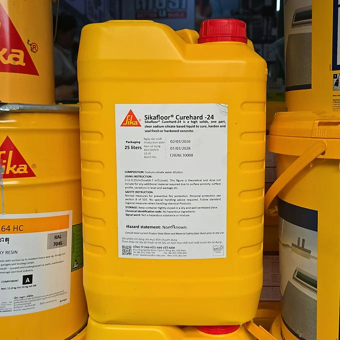 Yellow Sika container with a red lid and label in a warehouse setting